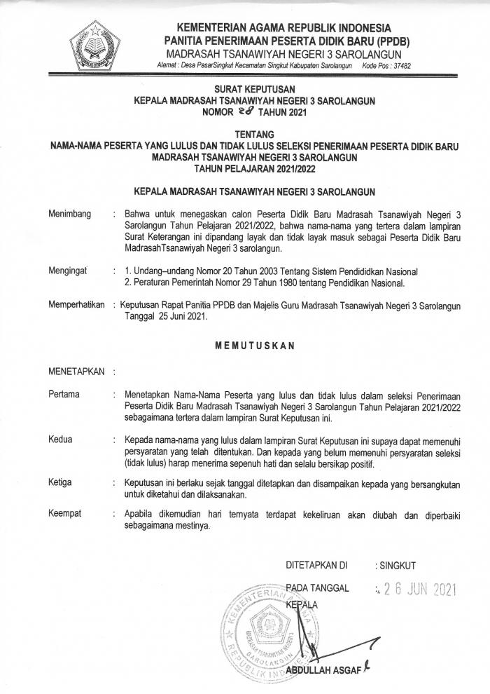 Kelulusan Tes Seleksi Penerimaan Siswa Baru Tahun Pelajaran 2021/2022
